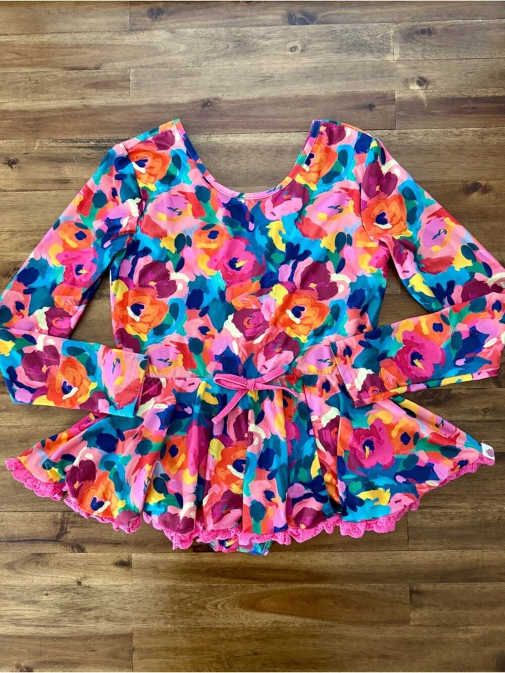Cheeky Plum Girls Farrah Skirted Leotard Garden Strokes 12 Pink Floral Colorful